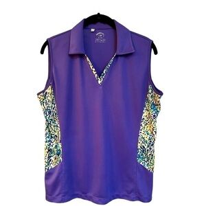 MONTEREY CLUB,WOMENS, SLEEVELESS GOLF SHIRT. PURPLE WITH MULTICOLOR PRINT.SIZE L
